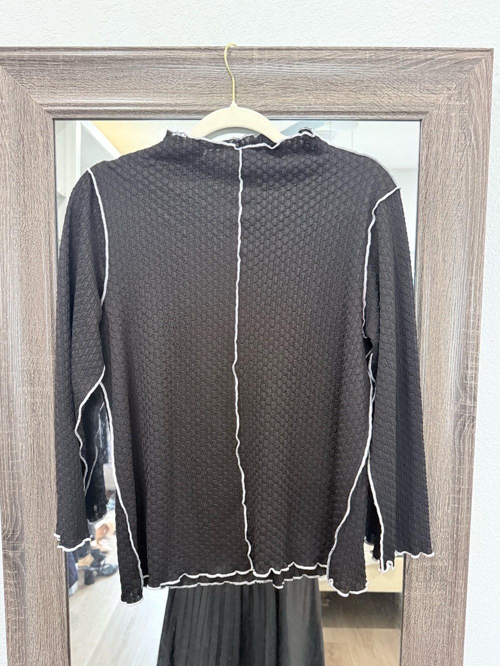 Black Long Sleeve Textured Top with Contrast Seams